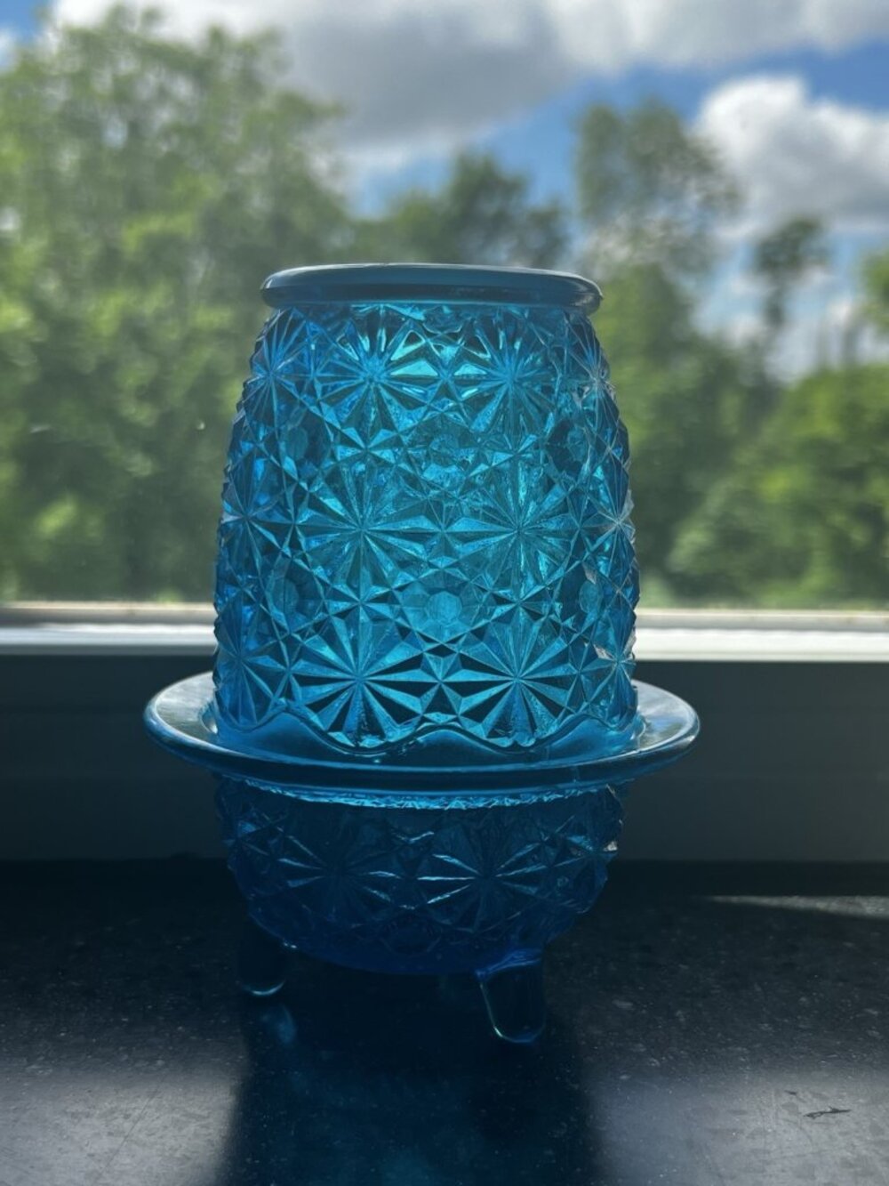 Vtg L.E. Smith Blue Daisy & Button Fairy Lamp Peacock Blue Glows Under UV*EUC